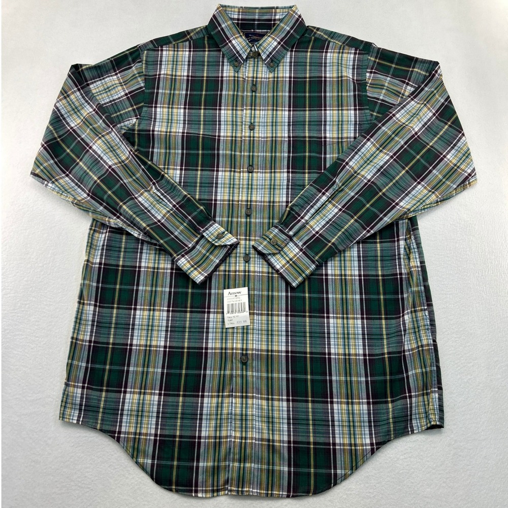 Arrow Mens Tall Large LT Button Down Shirt Green Plaid Long Sleeve Turf